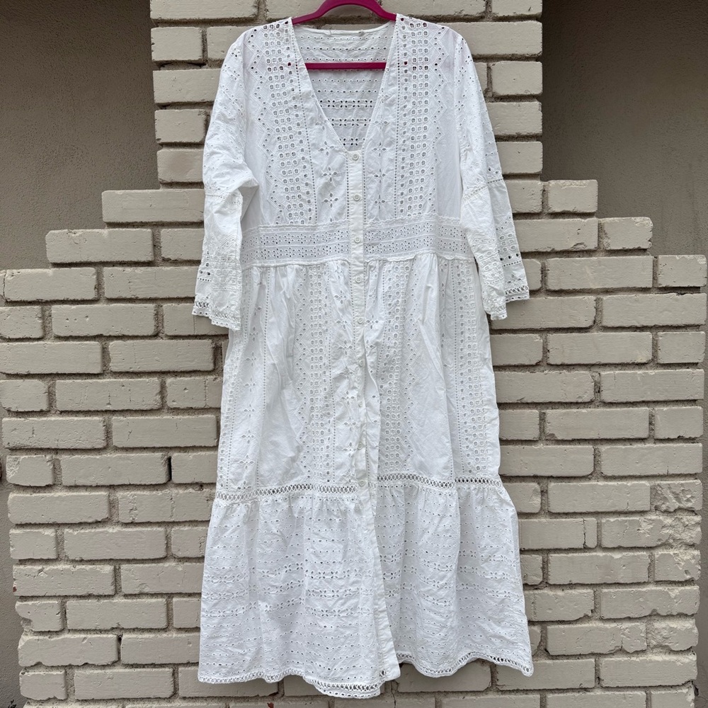 Zara Eyelet Lace V-neck Button Down 100% Cotton Midi Dress in White - Size XXL